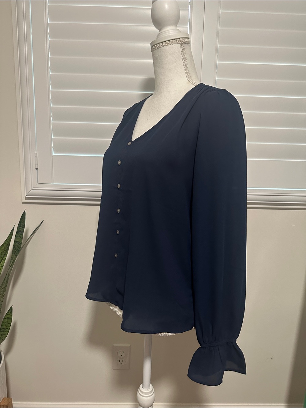 LOFT Navy Button-Front V-Neck Blouse | A8 - Picture 4 of 7